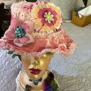 OOAK Magnolia Boho Indie Pink Acid Wash Denim Bucket Hat with Embellishment L